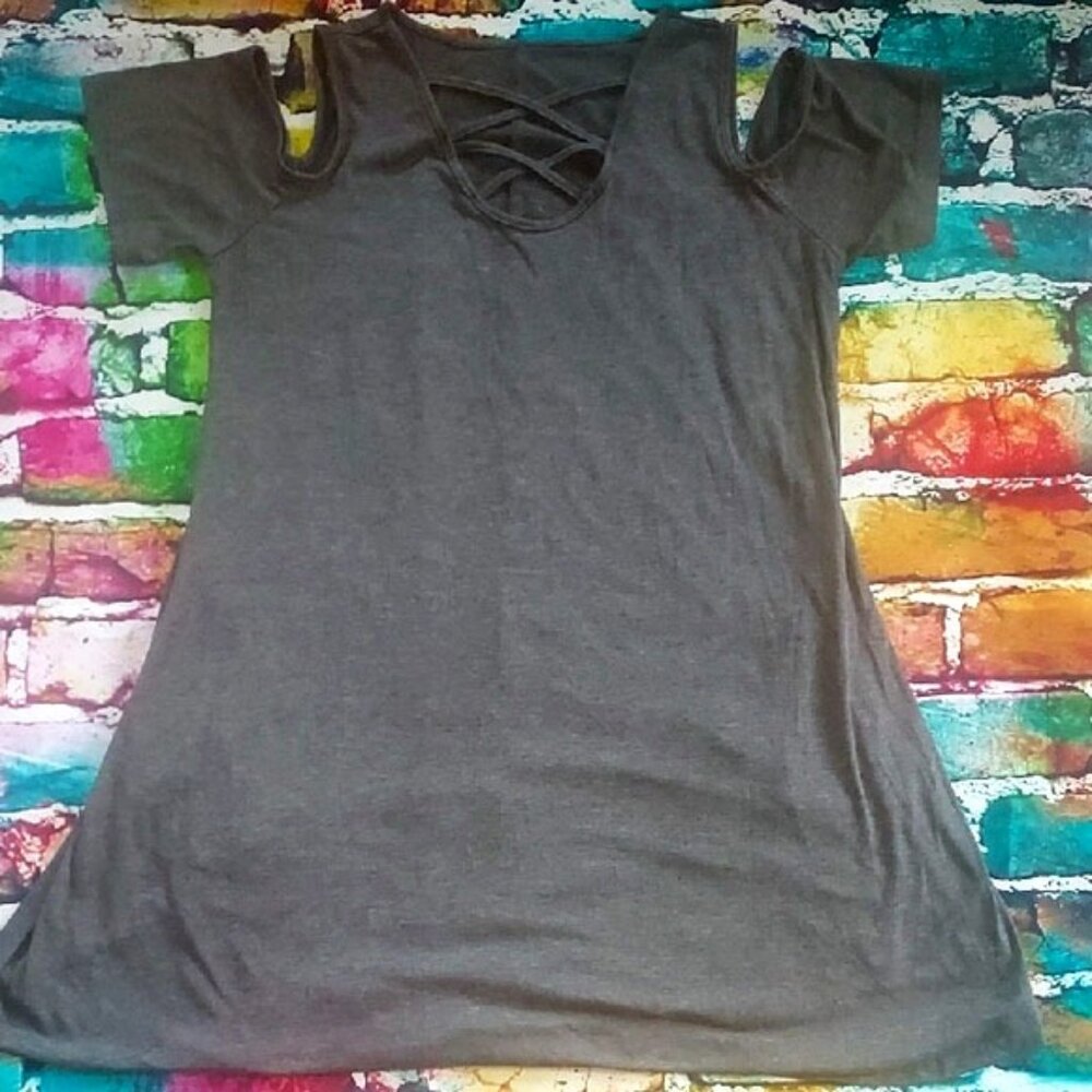 Gray Women's Cold Shoulder Tshirt Dress With Pockets